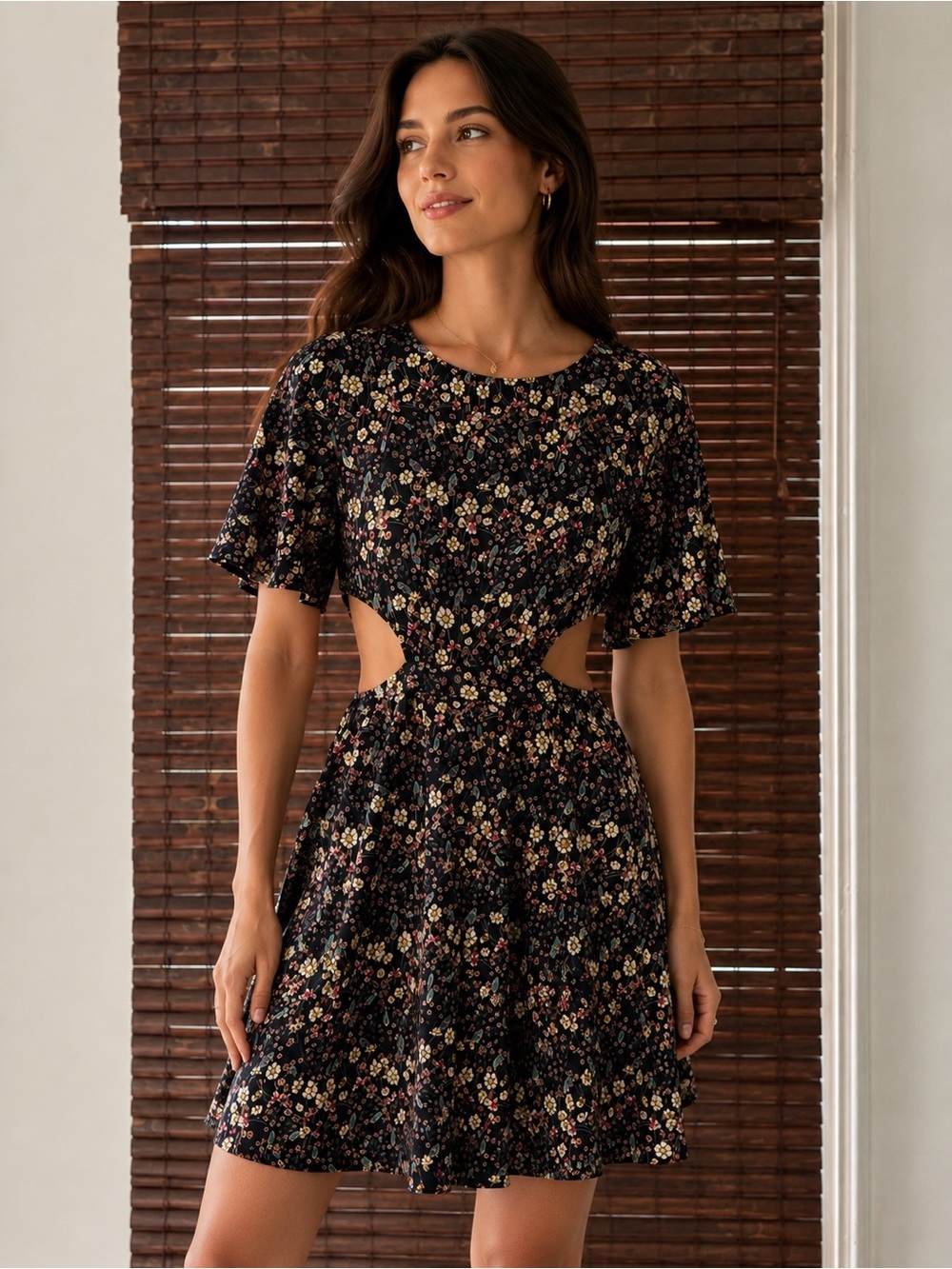 French Connection Floral side Cutout Mini Dress in Black, Sz 4, nwt! Pretty!!